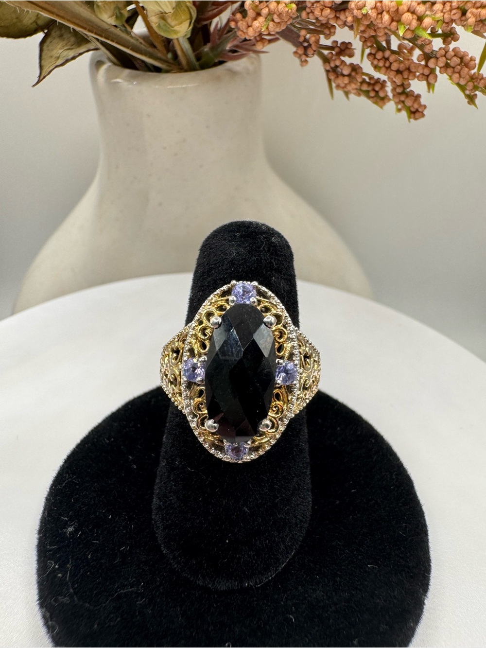 Vintage Sterling Silver Black Onyx & Tanzanite with Intricate Filigree (5.5)